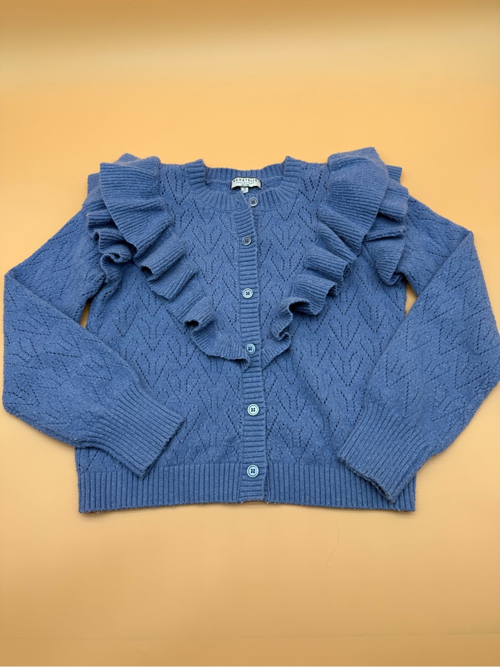 Bagatelle Collection Blue Ruffle Coquette Pointelle Knit Cardigan Preppy Fall